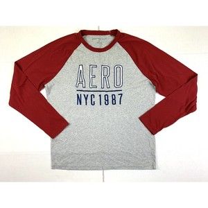 Aeropostale New York 1987 Mens L Large T-Shirt Long Sleeve Gray Red Cotton Blnd